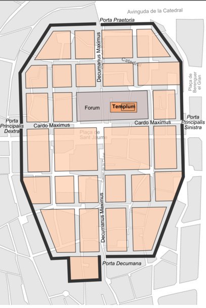 Plano del recinto amurallado de Barcino superpuesto a la trama urbana actual